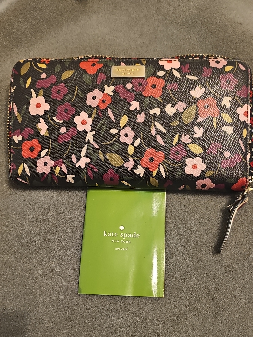 kate spade Black Floral Zip Around Wallet with Pink & Red Blooms